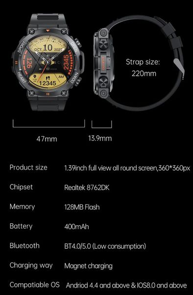 Тактичний смарт-годинник K56 Pro Black. Дзвінки, повідомлення, фітнес трекер. Відеоогляд. K56PRO фото
