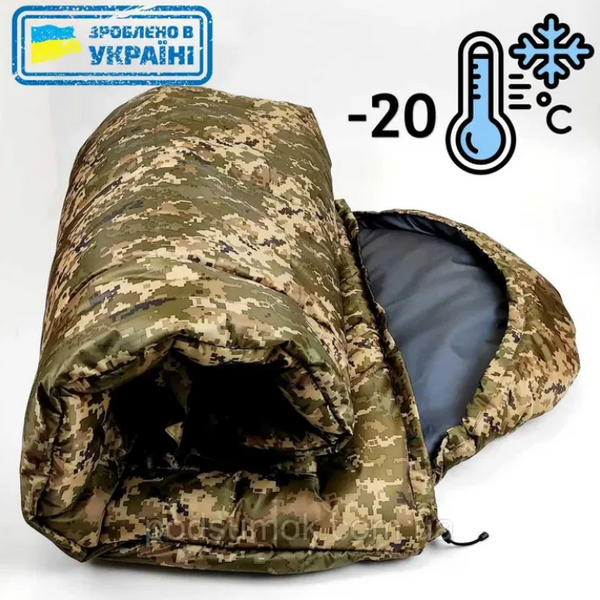 Зимовий спальний мішок-ковдра з капюшоном тактичний -20 C°. Водонепроникний, колір піксель. 755 фото