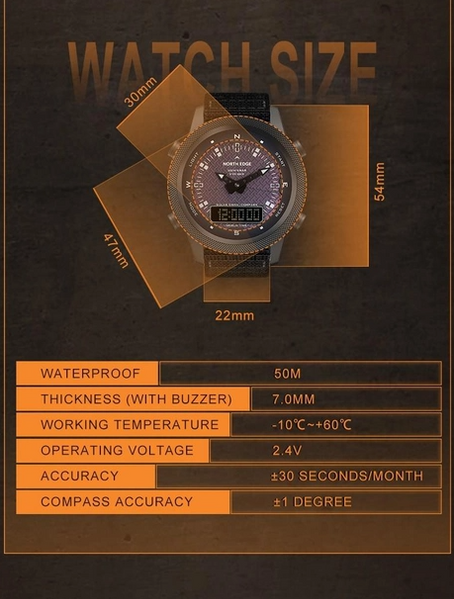 Тактичний годинник годинник North Edge Evoque на сонячній енергії з компасом NEEVO фото